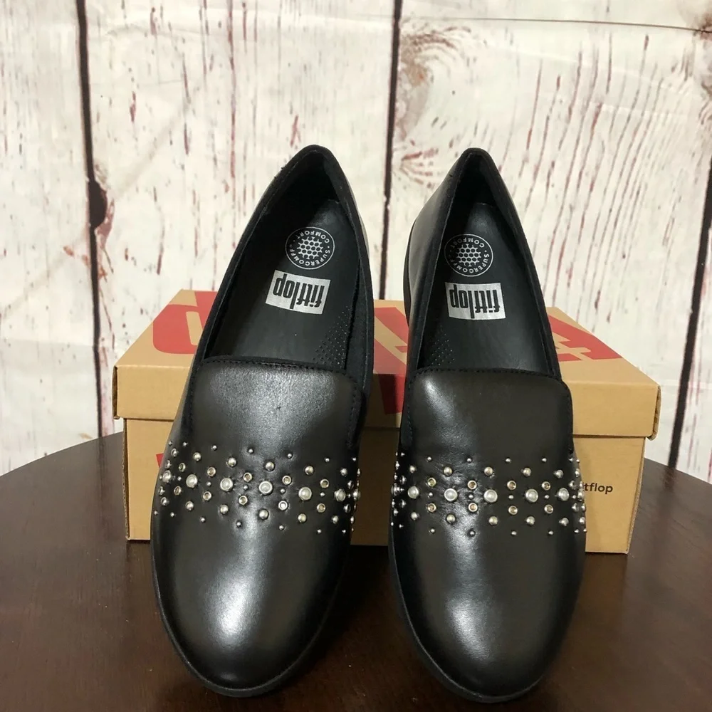 FitFlop Audrey Pearl Stud Smoking Slippers Black Studded Women's Shoes 6.5 NiB